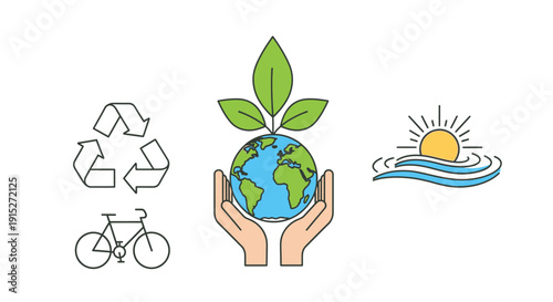 Environmental sustainability icons with recycling symbol, Earth held by hands with a plant, and sun over waves.
