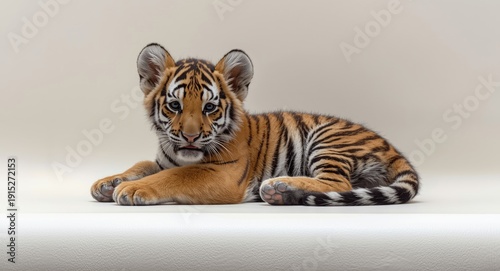 small tiger cub resting with ease on a smooth white platform