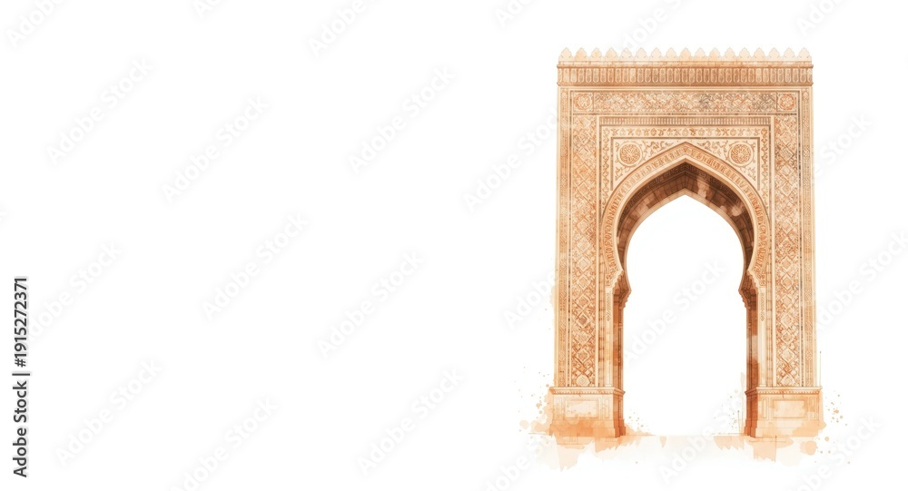Naklejka premium Watercolor illustration highlighting a historic Muslim mosque arch with ornate geometric and floral designs