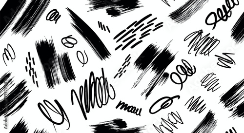 Dynamic handdrawn abstract grunge ink brush strokes and expressive doodle marks create a modern seamless surface for textiles, packaging, web backgrounds, and graphic prints