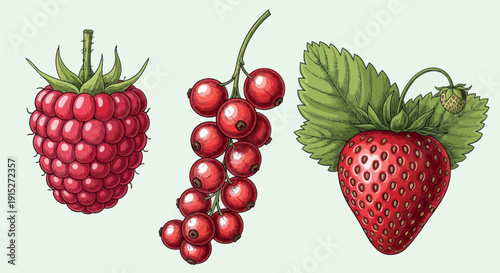 Vibrant fresh raspberry, juicy red currants, and a ripe strawberry with a small green berry, perfect for healthy eating promotions, recipe books, or kitchen decor