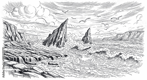 Monochrome drawing illustrating a dramatic coastal landscape featuring rugged sea cliffs, a prominent rock formation, and powerful ocean waves, ideal for nautical publications and