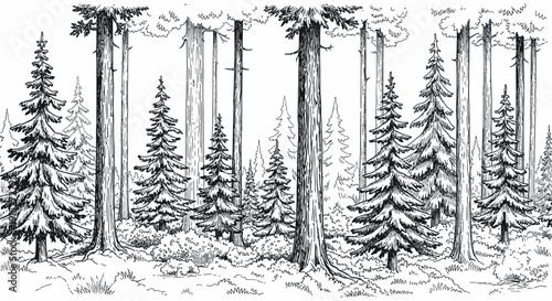 Hand drawn black and white forest landscape featuring tall pine trees, spruce trees, bushes, and natural ground cover, perfect for a tranquil naturethemed graphic background or an engaging