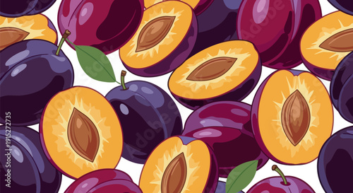 Delicious ripe purple and red plums and cut plum halves with pits scattered across a surface, perfect for food product packaging, grocery advertisements, or healthy recipe visual content