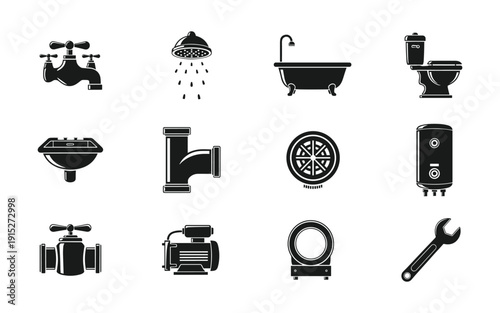 Set of plumbing equipment for bathroom and kitchen, including faucets and pipes vector