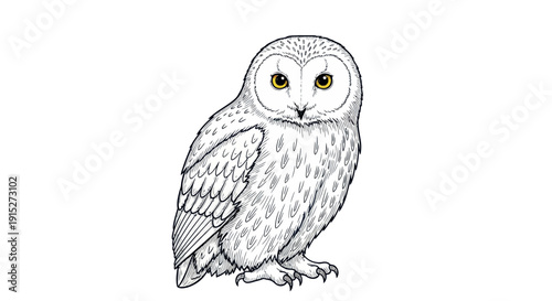 A captivating white owl with piercing yellow eyes stands attentively, rendered in a striking line drawing style, perfect for educational materials, nature publications, or wildlifethemed
