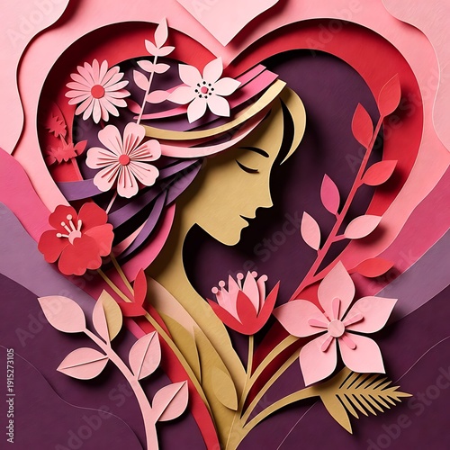 Paper Cut Woman Profile with Floral Heart