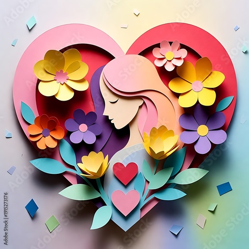 Layered Paper Art of a Woman's Profile within a Floral Heart