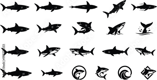 Mako Shark Silhouette Vector Icon Set – Black Shark Poses Clipart Collection