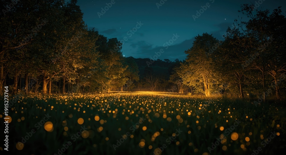 Obraz premium Magical field surrounded by dense trees lit by glowing firefly lights