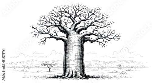 Hand drawn baobab tree standing prominently in an African savannah landscape with distant hills and sparse vegetation perfect for nature themed publications and educational materials
