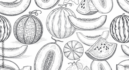 Black and white hand drawn seamless melon and watermelon pattern for summer food packaging, restaurant menus, farmers market marketing, and seasonal branding projects.