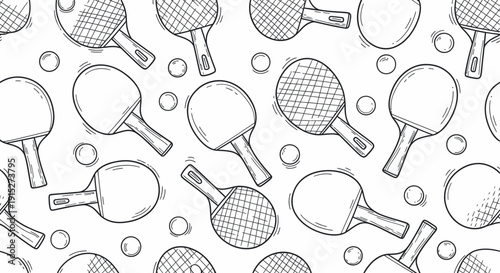Seamless black and white doodle motif featuring dynamic table tennis rackets and balls creates an energetic sporty background ideal for textile prints fabric wallpaper and activewear
