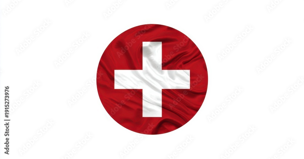 Obraz premium The Swiss flag in a circular fabric emblem with wavy texture on white background
