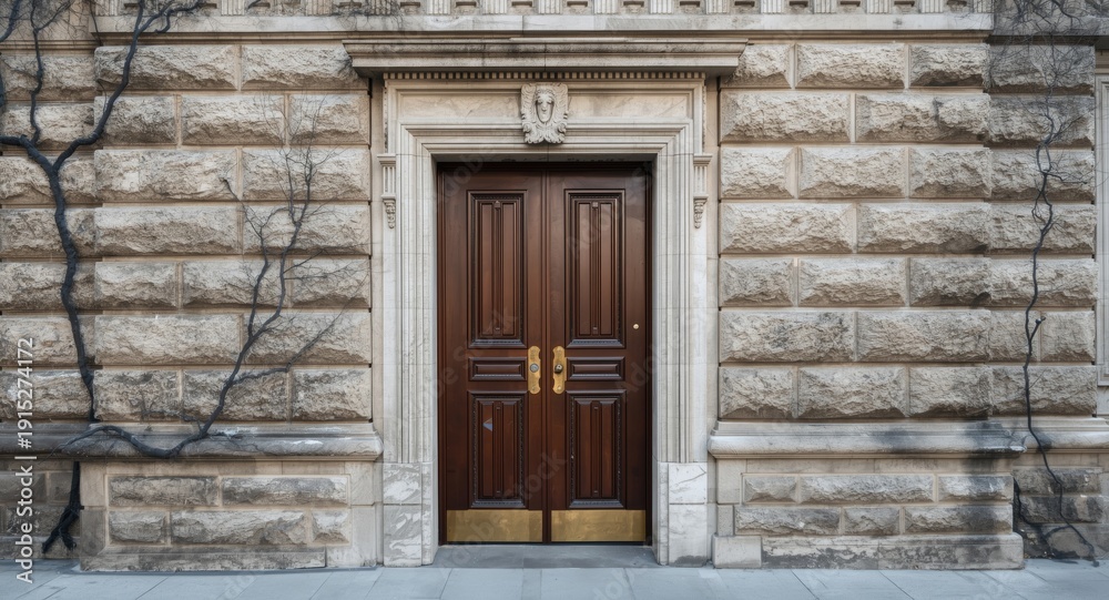 Fototapeta premium Stone facade entrance sealed with door backed by a calm tree outline