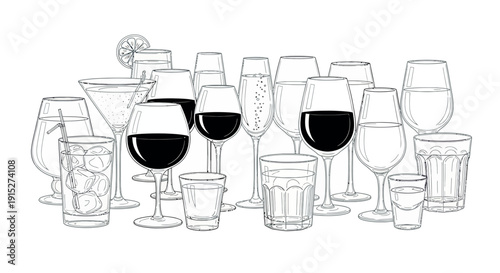 A collection of various drinking glasses filled with different beverages like wine, champagne, and cocktails, suitable for menus, guides, or decorative purposes in the hospitality industry.