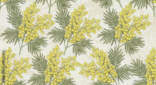 Vibrant yellow mimosa flowers and green foliage arranged in a decorative seamless floral composition ideal for textiles wallpaper wrapping paper and springtime seasonal decor.
