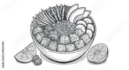 Delicious and healthy poke bowl featuring fresh ingredients like avocado, cucumber, tuna, and various grains, perfect for restaurant menus, food packaging, or healthy lifestyle publications