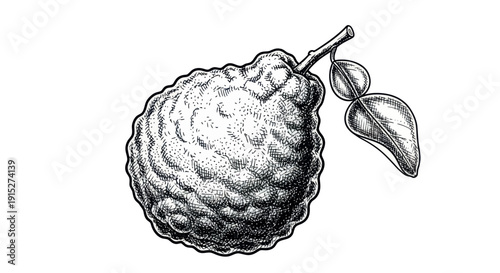 Classic hand drawn kaffir lime fruit with its distinctive rough skin and accompanying leaves presented in an aged style for authentic food and beverage labeling and educational materials.