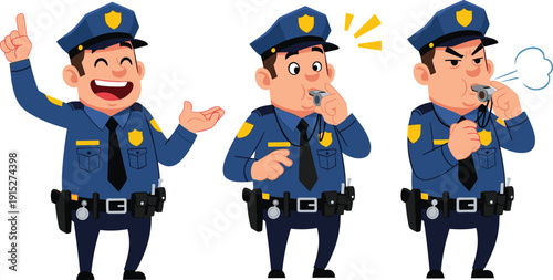 Set of cute cartoon police officer characters in blue uniform with gold badge and whistle for law enforcement public safety security and community branding