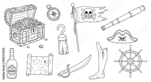 A complete collection of pirate adventure symbols including a treasure chest filled with gold, compass, flag, telescope, hat, ship wheel, rum bottle, treasure map, hook hand, saber, and peg