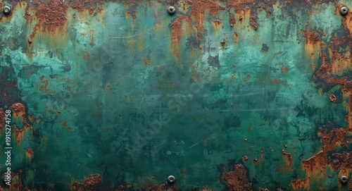patinated metal plate with green tint and heavy rust texture including copy space