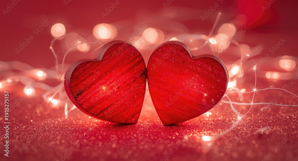 Fototapeta premium Two red wooden hearts shining with warm glow and glitter light sparkles