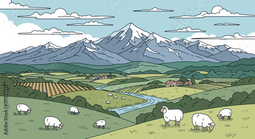 Picturesque rural landscape featuring majestic snow capped mountains overlooking a serene valley with grazing sheep, a winding river, and charming farmhouses, suitable for educational