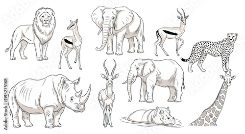 A comprehensive collection of diverse African safari animals including a majestic lion, graceful gazelles, powerful elephants, a speedy cheetah, a formidable rhinoceros, a submerging