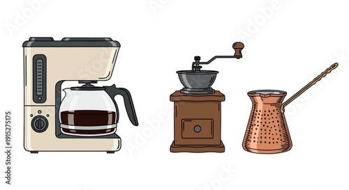 Coffee preparation equipment including an electric drip maker with a glass pot, a manual coffee bean grinder, and a copper Turkish cezve for delicious morning beverages