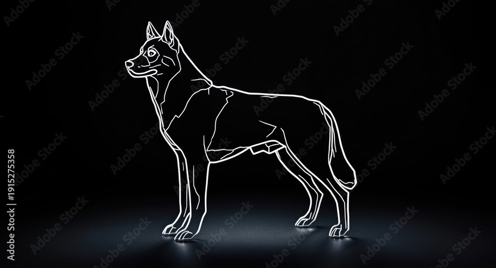 Fototapeta premium Outlined Siberian husky figure on an even black background