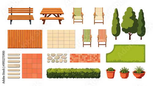Versatile backyard layout kit featuring seating, pathways, greenery, and surface options for creating stylish and functional exterior living environments.