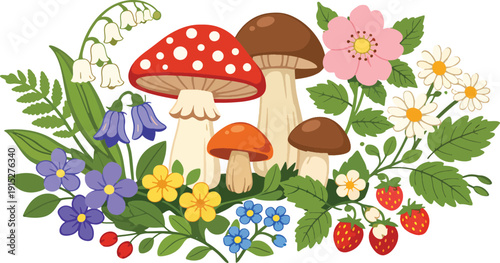 Colorful Mushroom and Wildflower Illustration, Flat Vector Nature Background with Forest Elements on White Background