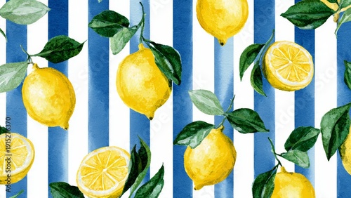 Seamless watercolor pattern of vibrant lemons with green leaves on a blue and white striped background