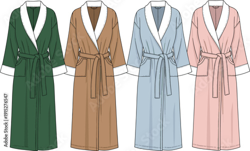 Bathrobe illustration vector, colorful robe design artwork, shawl collar clothing graphic, belt tied garment silhouette, cozy fashion apparel - flavector