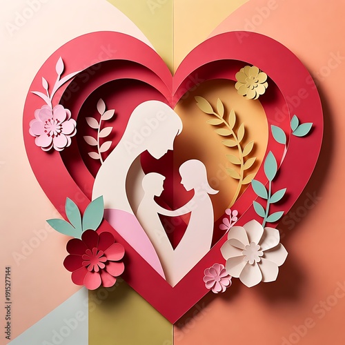 Mother and Kids in Layered Paper Cut Heart
