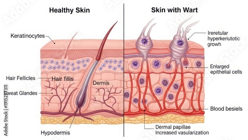 Comparison of healthy skin and skin with wart