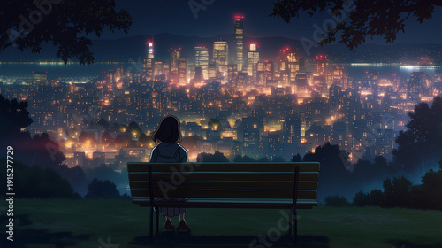 Peaceful anime girl on bench enjoying nocturnal city view, Generative AI