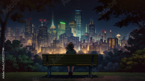 Aesthetic lo-fi illustration of girl overlooking glowing cityscape at night, Generative AI
