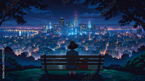 Anime girl sitting on park bench watching night city skyline, Generative AI