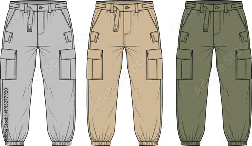 Cargo pants illustration vector, fashion design artwork, technical drawing style, multiple pocket trousers graphic, casual utility clothing silhouette - flavector