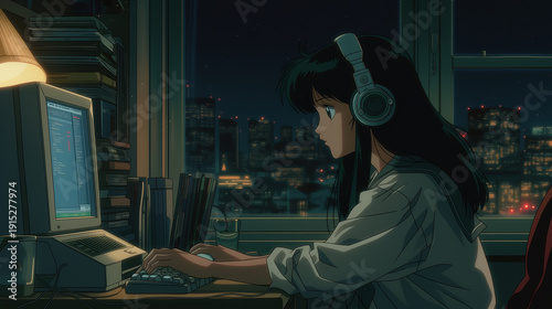 Late night workstation with anime girl focusing on computer screen, generative ai