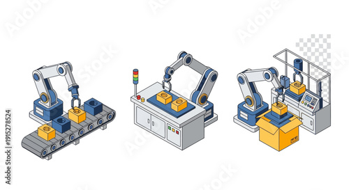 Industrial robotic arms working on production line with boxes.