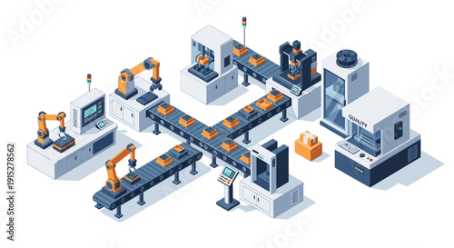 Modern industrial factory with robotic arms and conveyor belts.