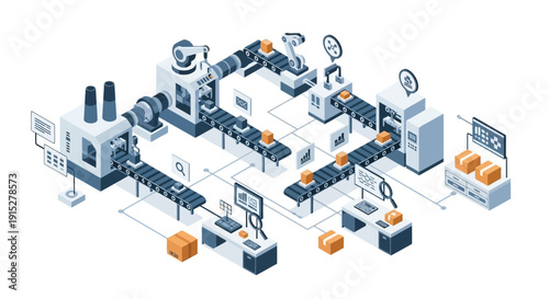 Industrial manufacturing process with conveyor belts and machinery.
