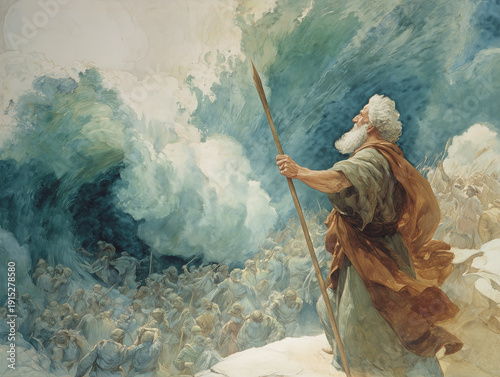 Prophet Moses holding his staff as the Red Sea splits in watercolor, Generative ai