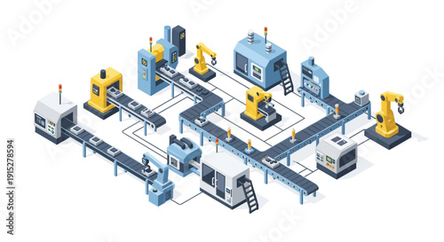 Industrial robotic assembly line with automated machinery and conveyor belts.