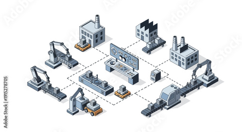 Isometric illustration of industrial factory buildings and machinery.
