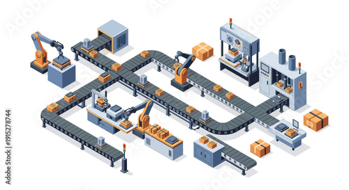 Industrial manufacturing process with robotic arms and conveyor belts.