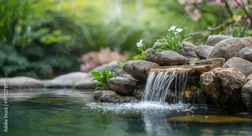 Springtime garden waterfall over stones embodying feng shui concepts of health and wealth
